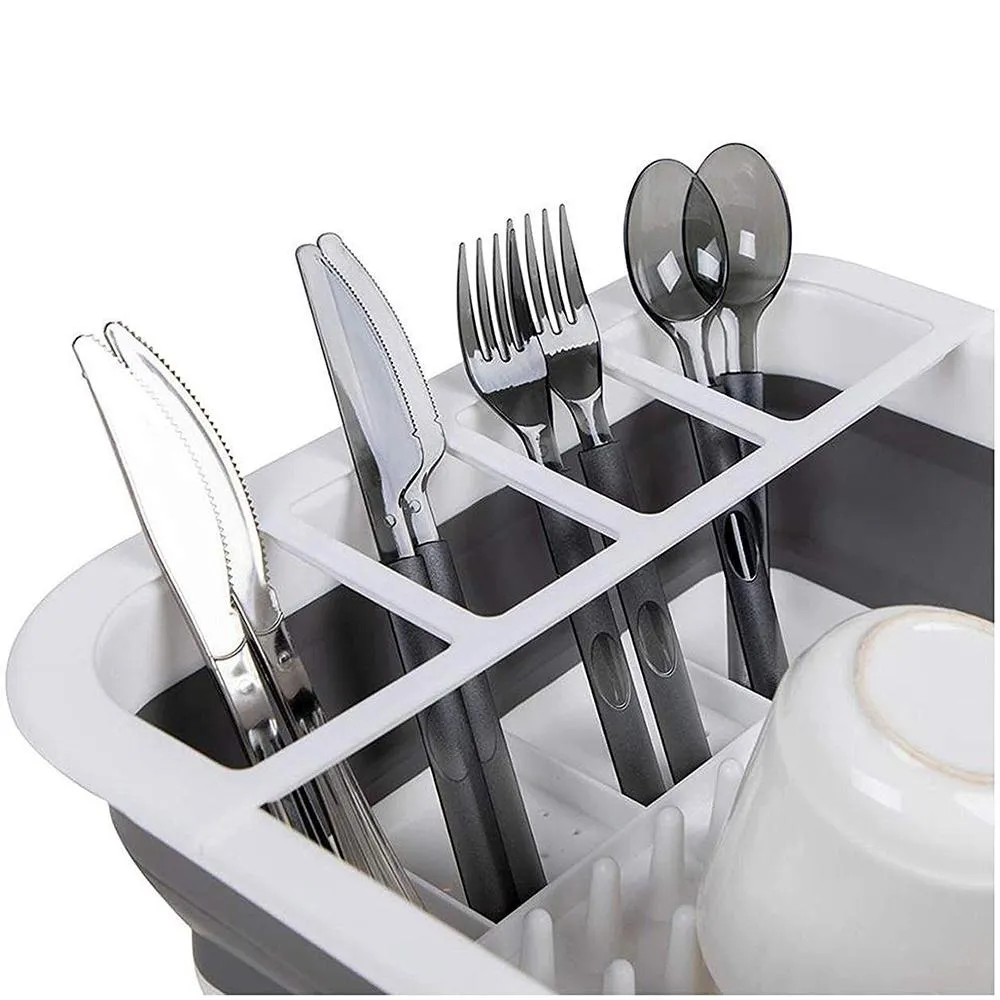 0633 Collapsible Folding Silicone Dish Drying Drainer Rack with Spoon Fork Knife Storage Holder