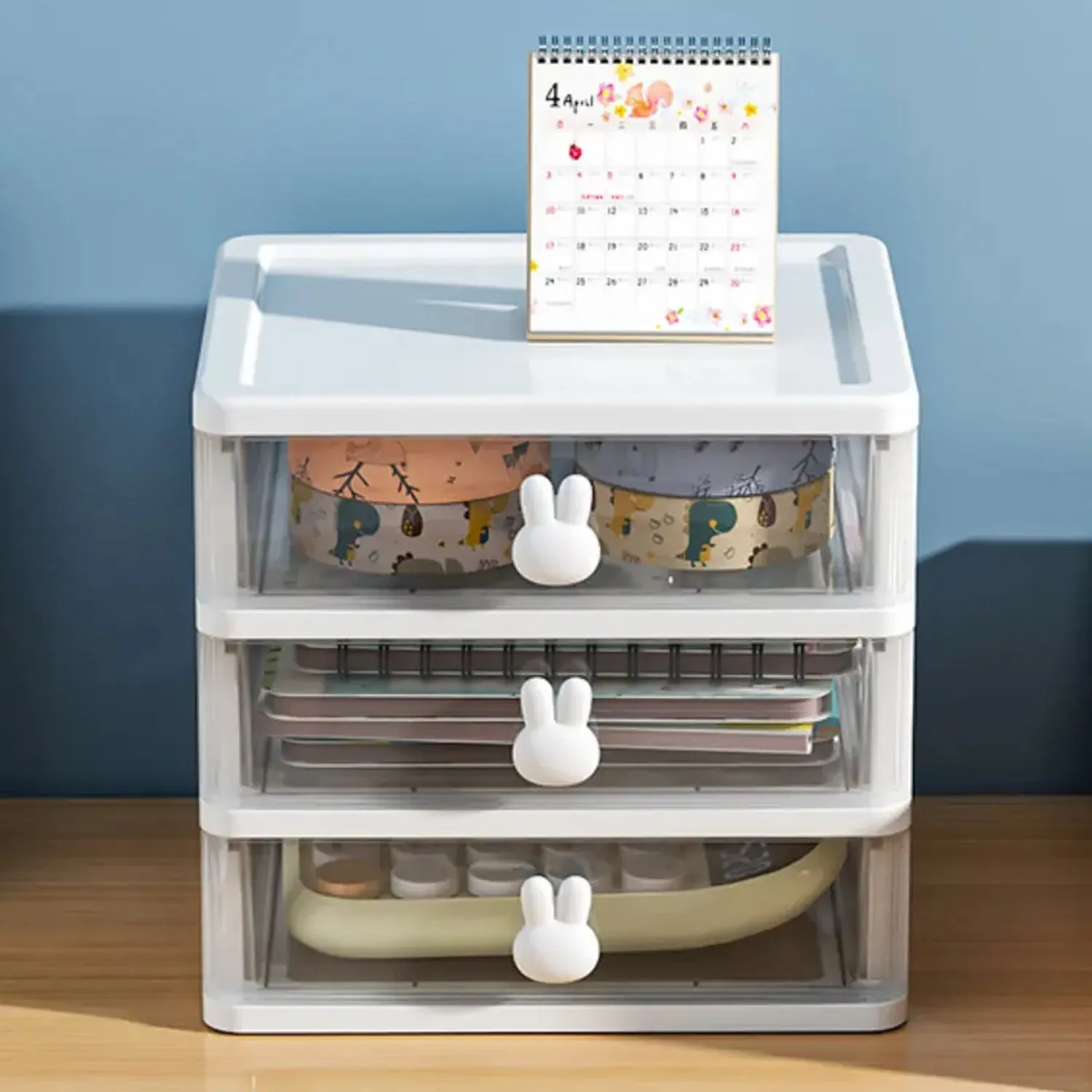 1143 Cartoon Desktop Storage Box Transparent Small Drawer Desk Plastic Mini Storage Box Rabbit Stationery Storage Box