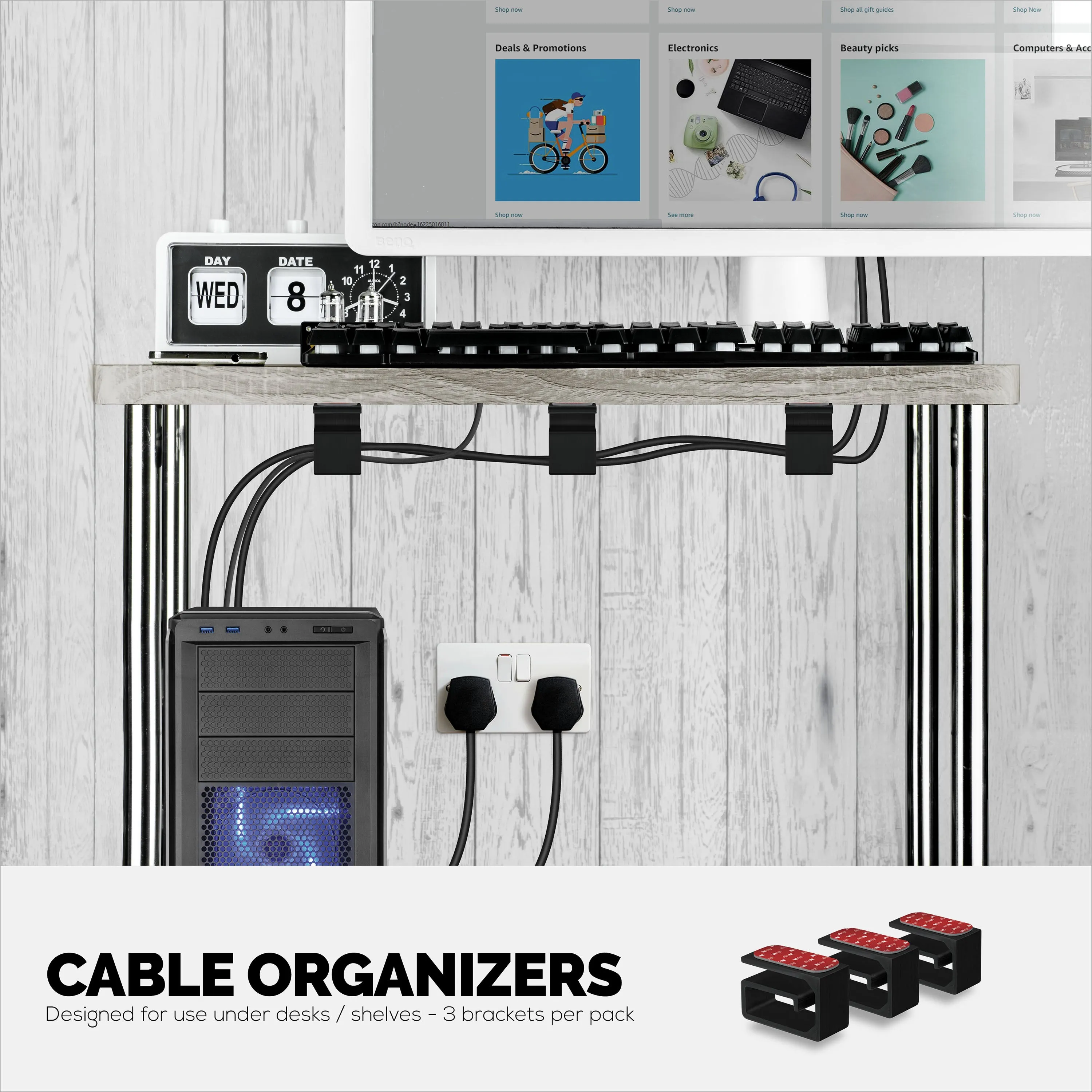 3pc VHB Adhesive Cable Organizer Holder, For Heavy Cables, PC Cords & Wires with Strong Adhesive, Under Desk Mount Management - Small