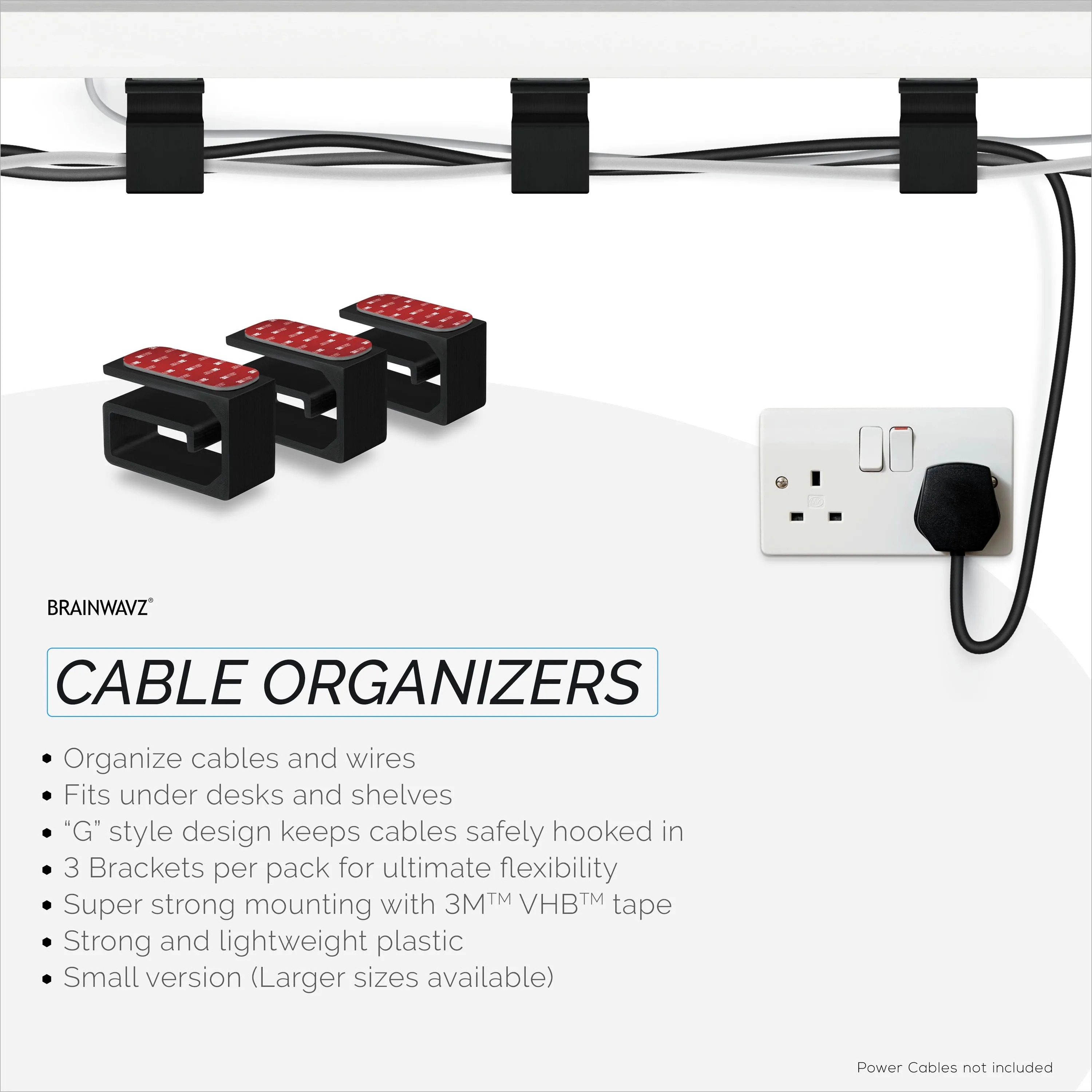 3pc VHB Adhesive Cable Organizer Holder, For Heavy Cables, PC Cords & Wires with Strong Adhesive, Under Desk Mount Management - Small