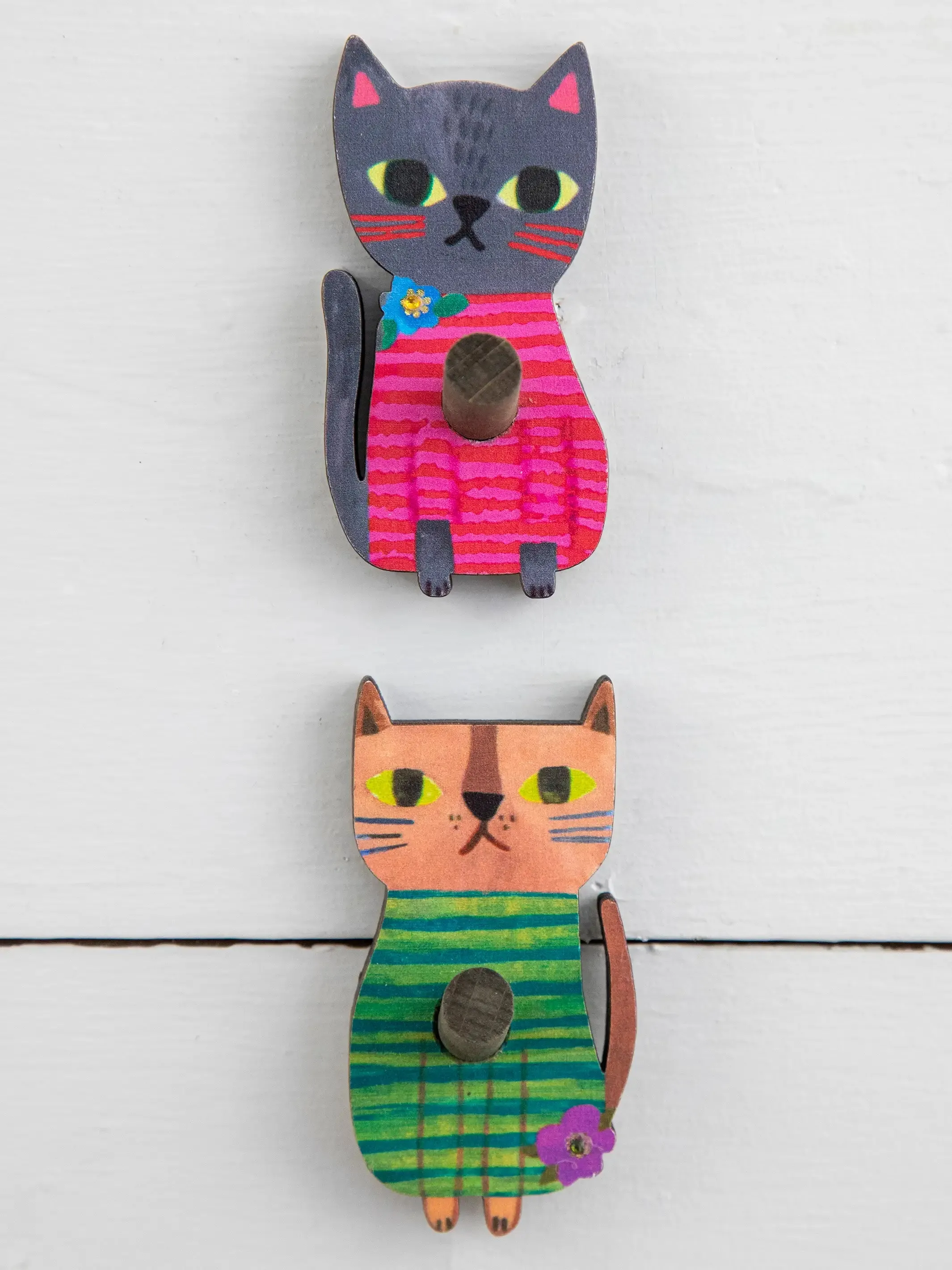 Adhesive Wooden Wall Hooks, Set of 2 - Cat