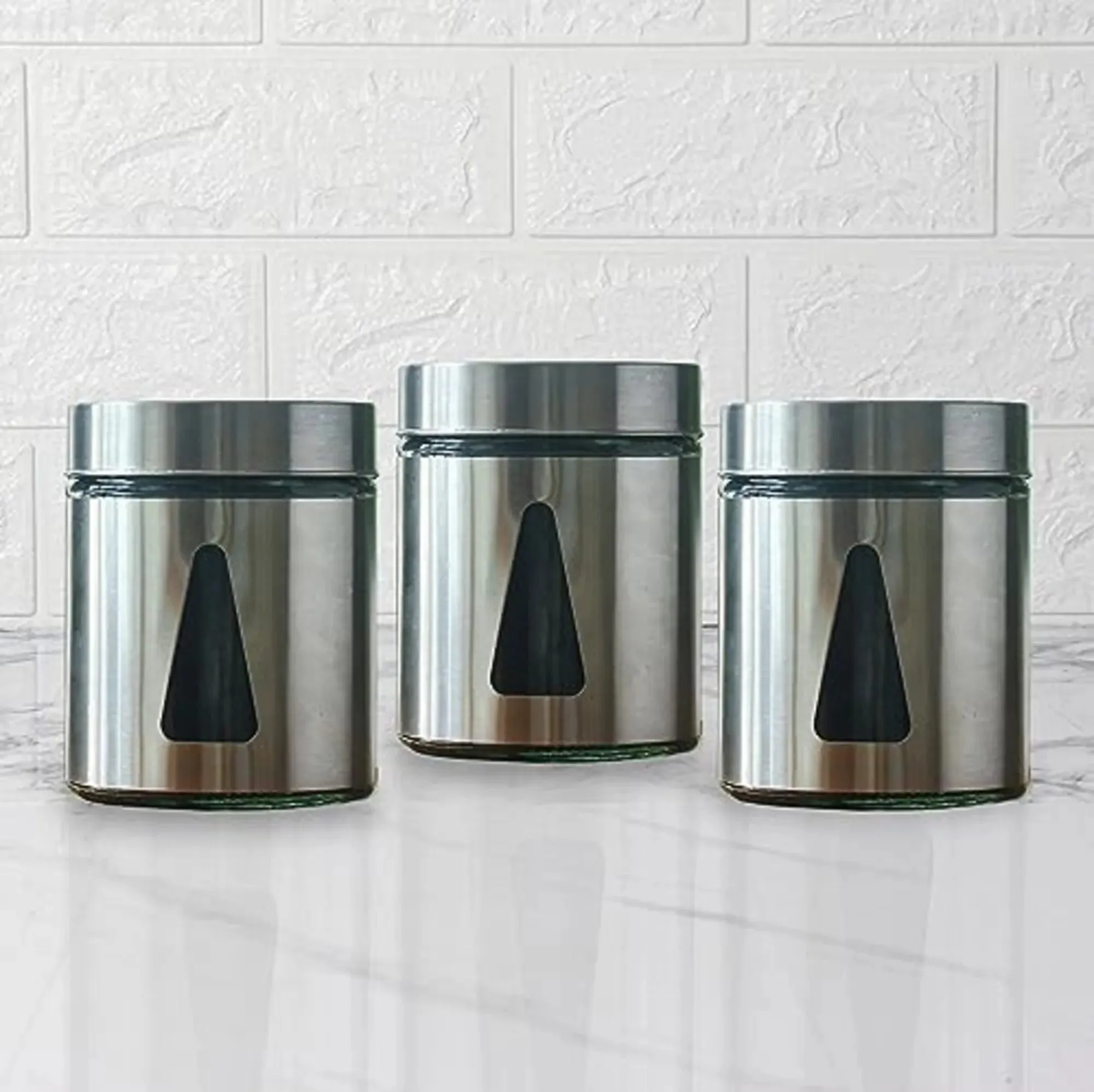 Alvara Steel Jar for Kitchen Storage with Triangle Glass Window and Stainless Steel Cover | 700ml