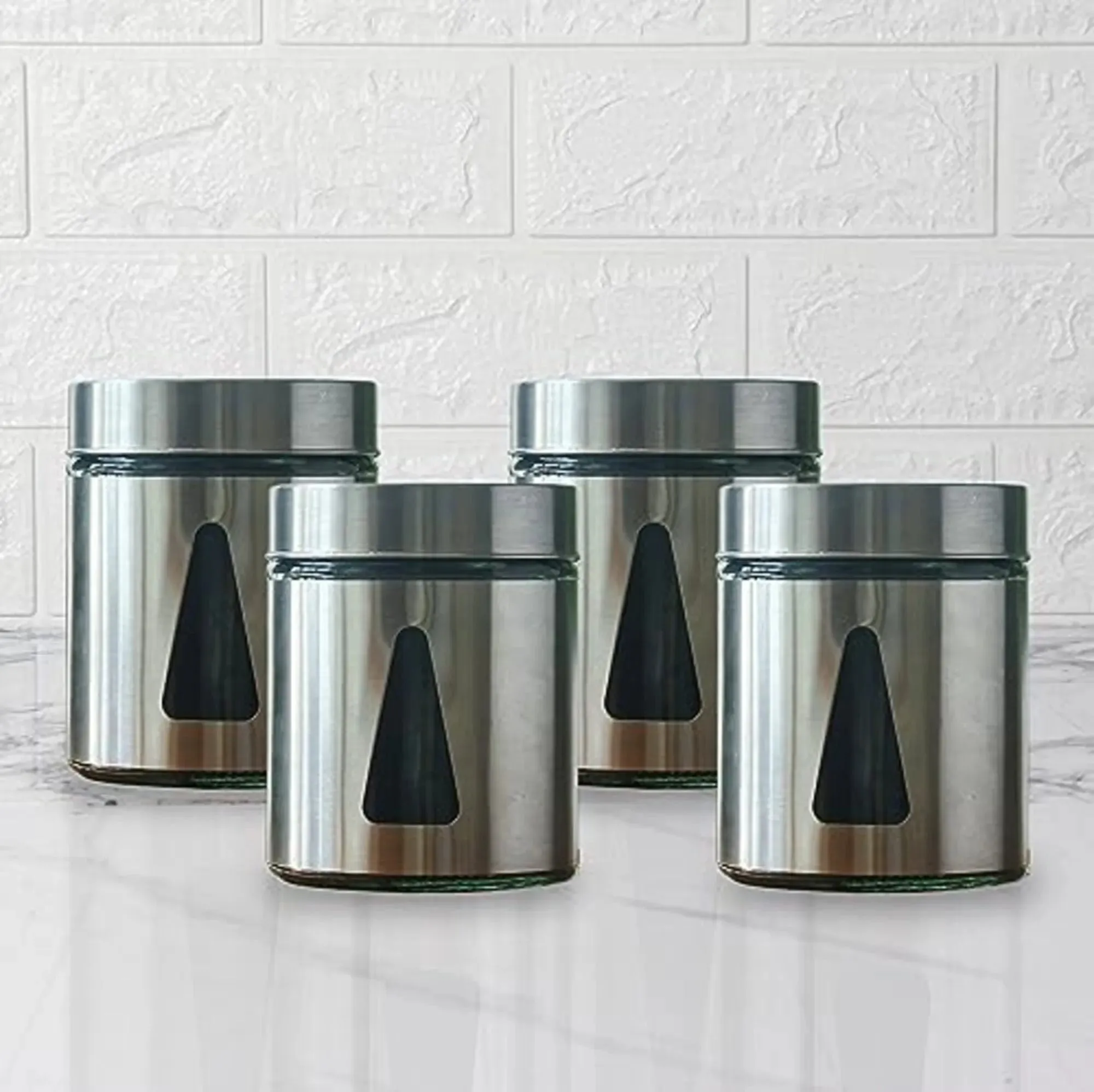 Alvara Steel Jar for Kitchen Storage with Triangle Glass Window and Stainless Steel Cover | 700ml