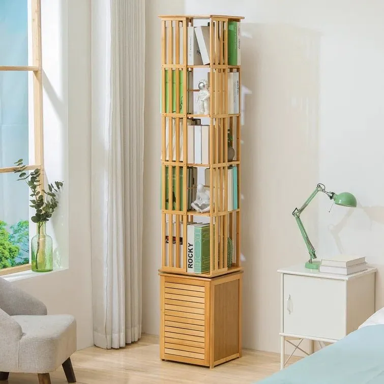 Bamboo 7 Tiers Open Bookcase with Door, Spinning Bookshelf Display Rack for Home