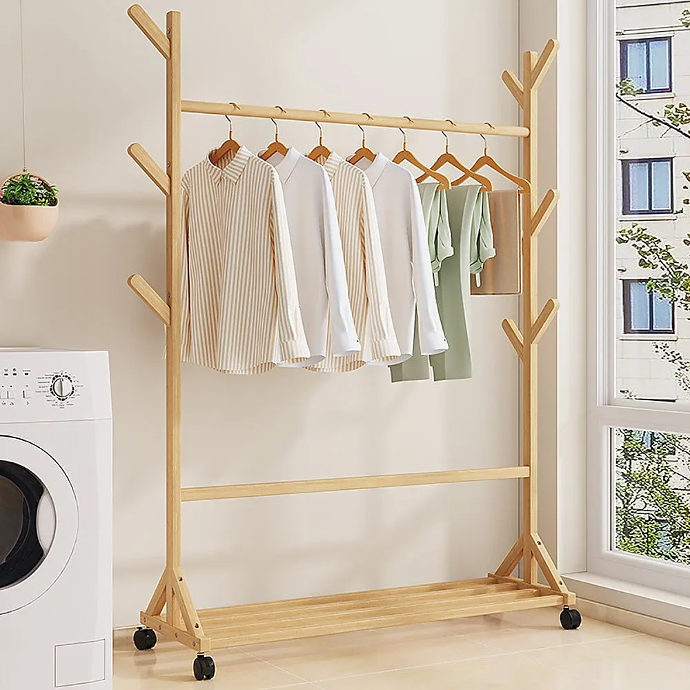 Bamboo Portable Clothes Rack with Shelf & Hooks