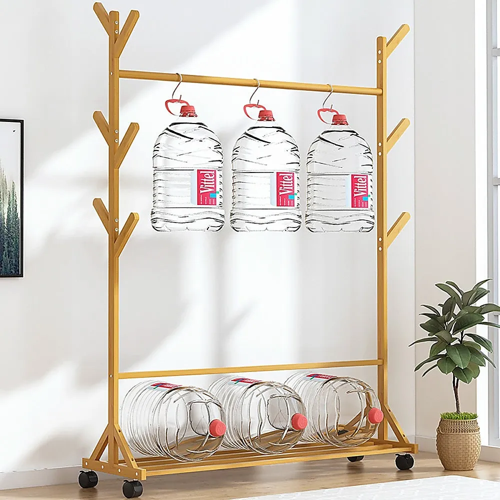 Bamboo Portable Clothes Rack with Shelf & Hooks