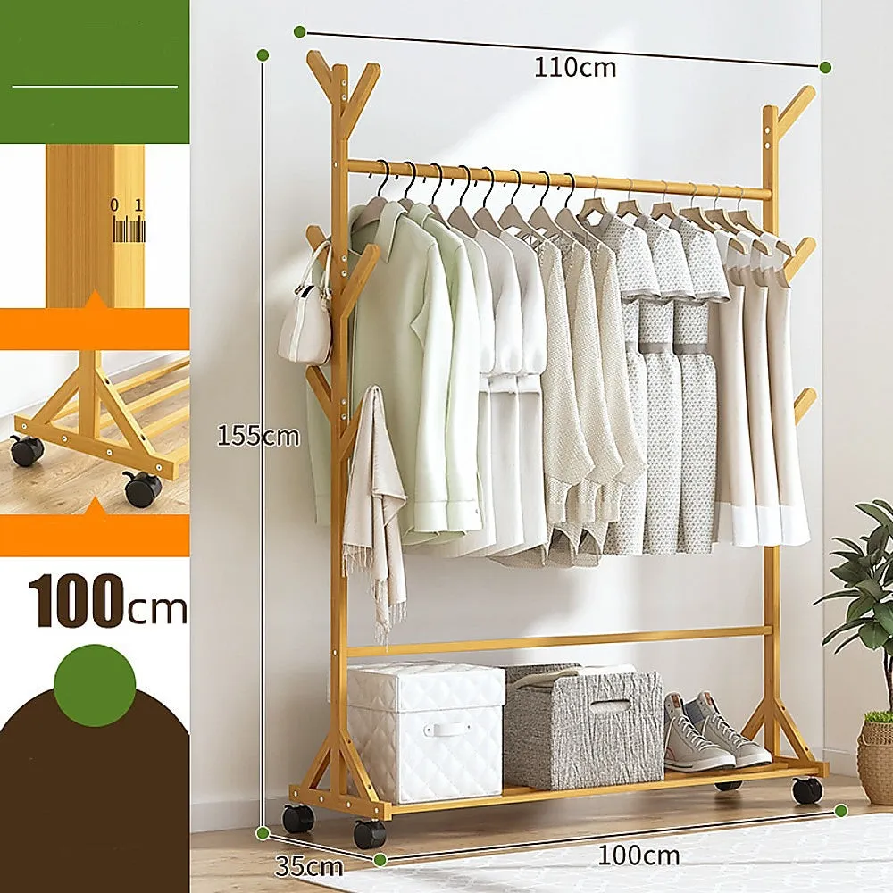 Bamboo Portable Clothes Rack with Shelf & Hooks