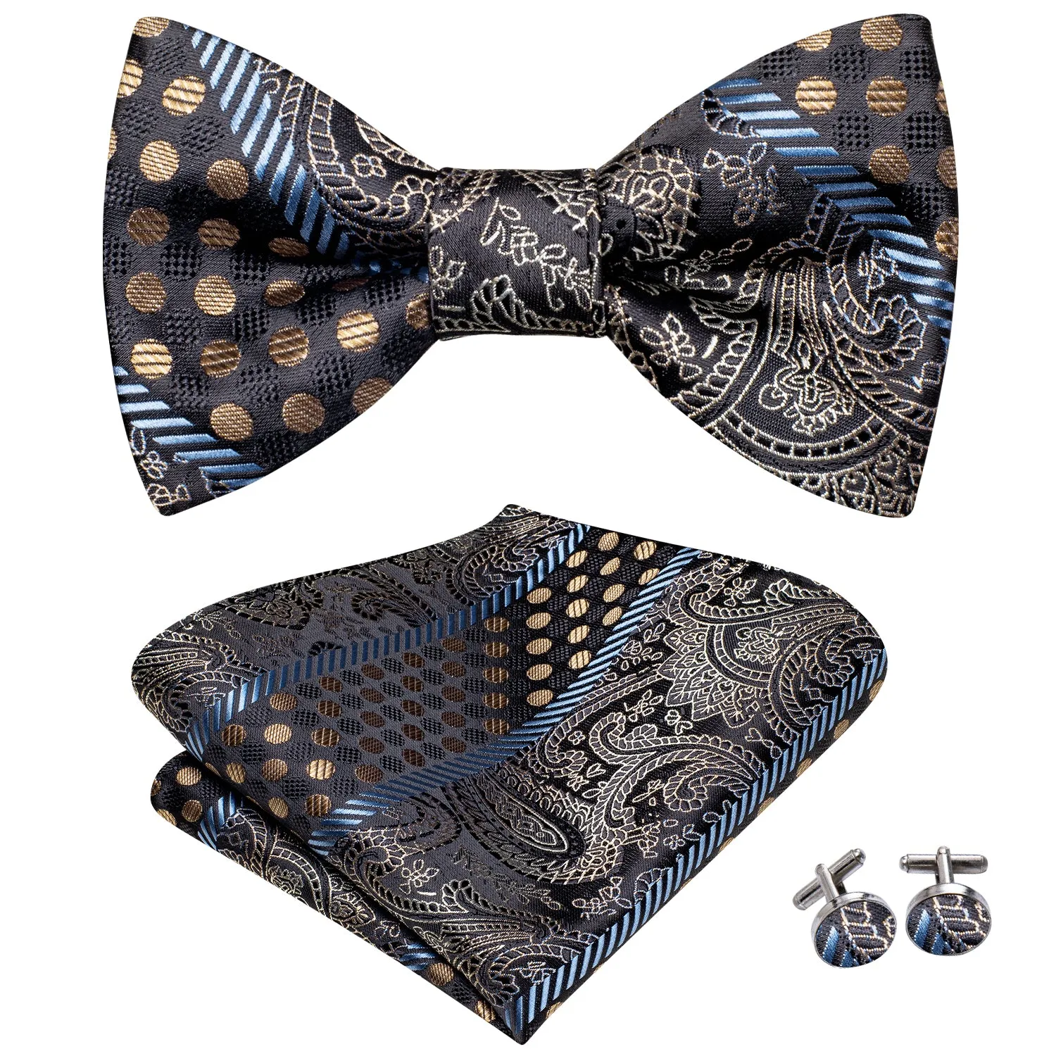 Champagne Golden Blue Novelty Silk Self-tied Bow Tie Pocket Square Cufflinks Set