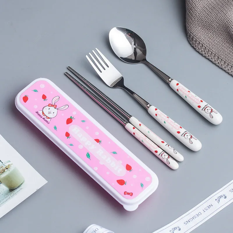 Creative Style Children's Ceramic Stainless Steel Tableware Set Cartoon Chopsticks Spoon Fork Portable Tableware Three-Piece Set