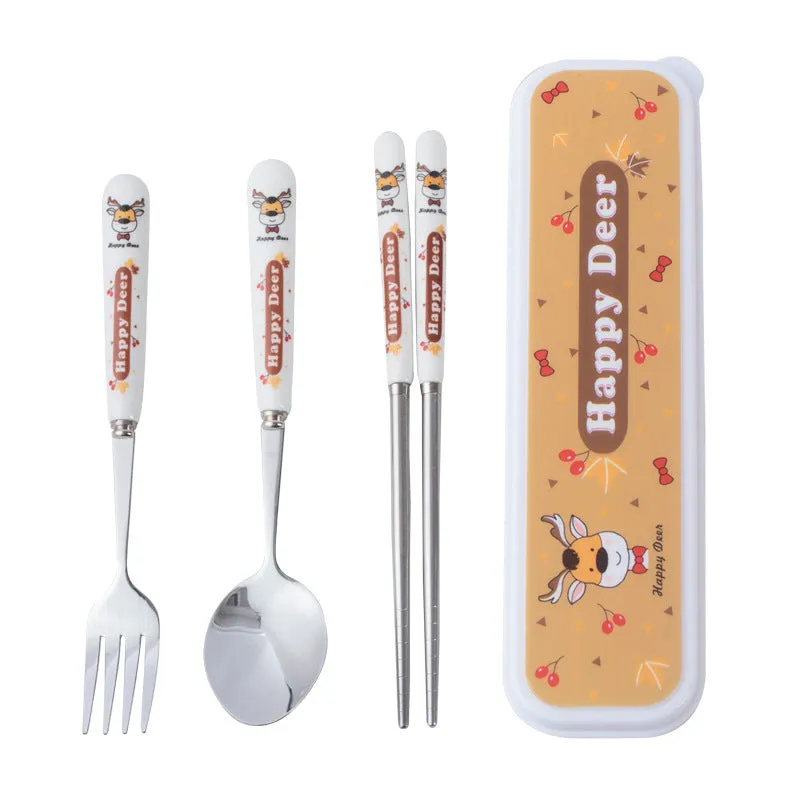 Creative Style Children's Ceramic Stainless Steel Tableware Set Cartoon Chopsticks Spoon Fork Portable Tableware Three-Piece Set