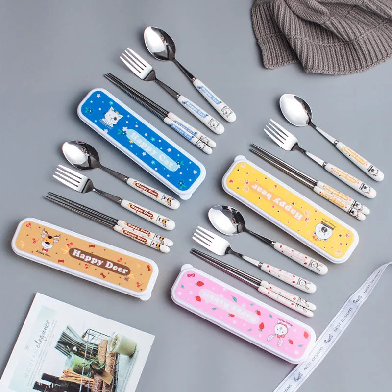 Creative Style Children's Ceramic Stainless Steel Tableware Set Cartoon Chopsticks Spoon Fork Portable Tableware Three-Piece Set