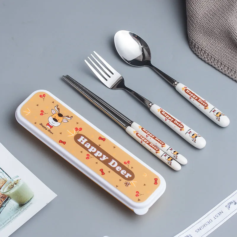 Creative Style Children's Ceramic Stainless Steel Tableware Set Cartoon Chopsticks Spoon Fork Portable Tableware Three-Piece Set