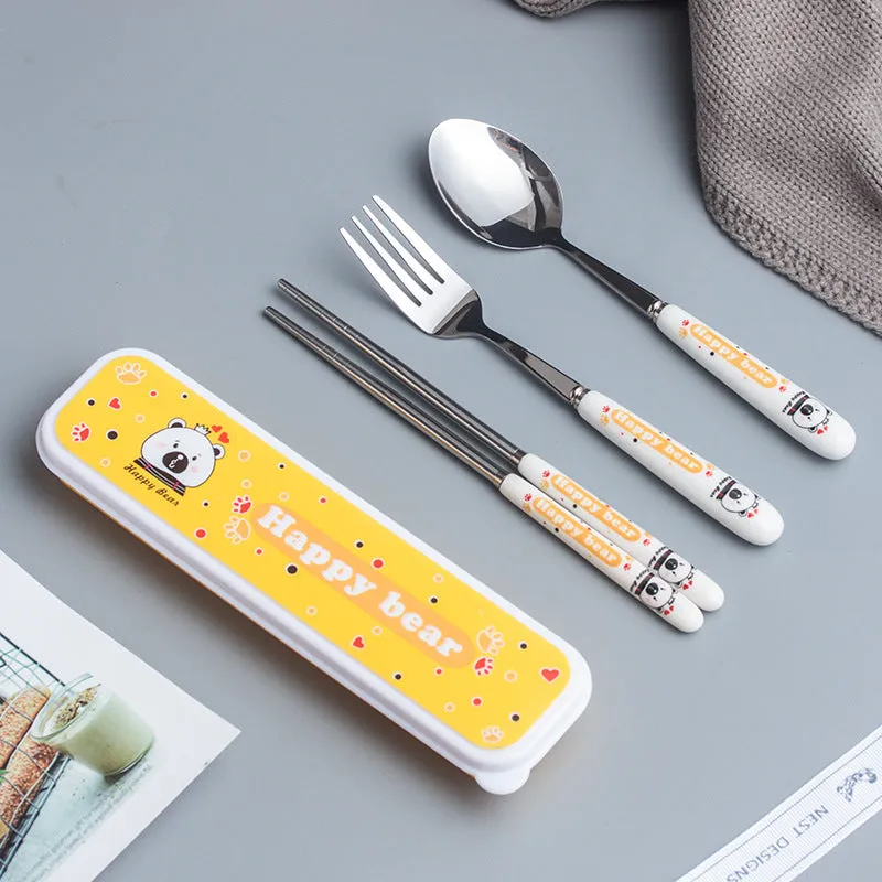 Creative Style Children's Ceramic Stainless Steel Tableware Set Cartoon Chopsticks Spoon Fork Portable Tableware Three-Piece Set