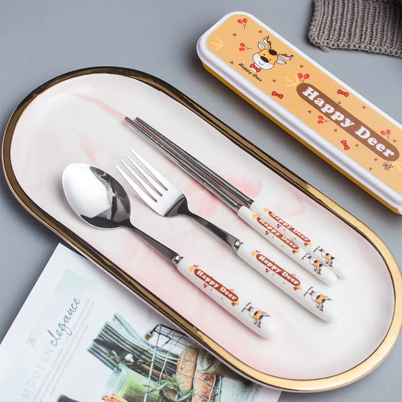 Creative Style Children's Ceramic Stainless Steel Tableware Set Cartoon Chopsticks Spoon Fork Portable Tableware Three-Piece Set