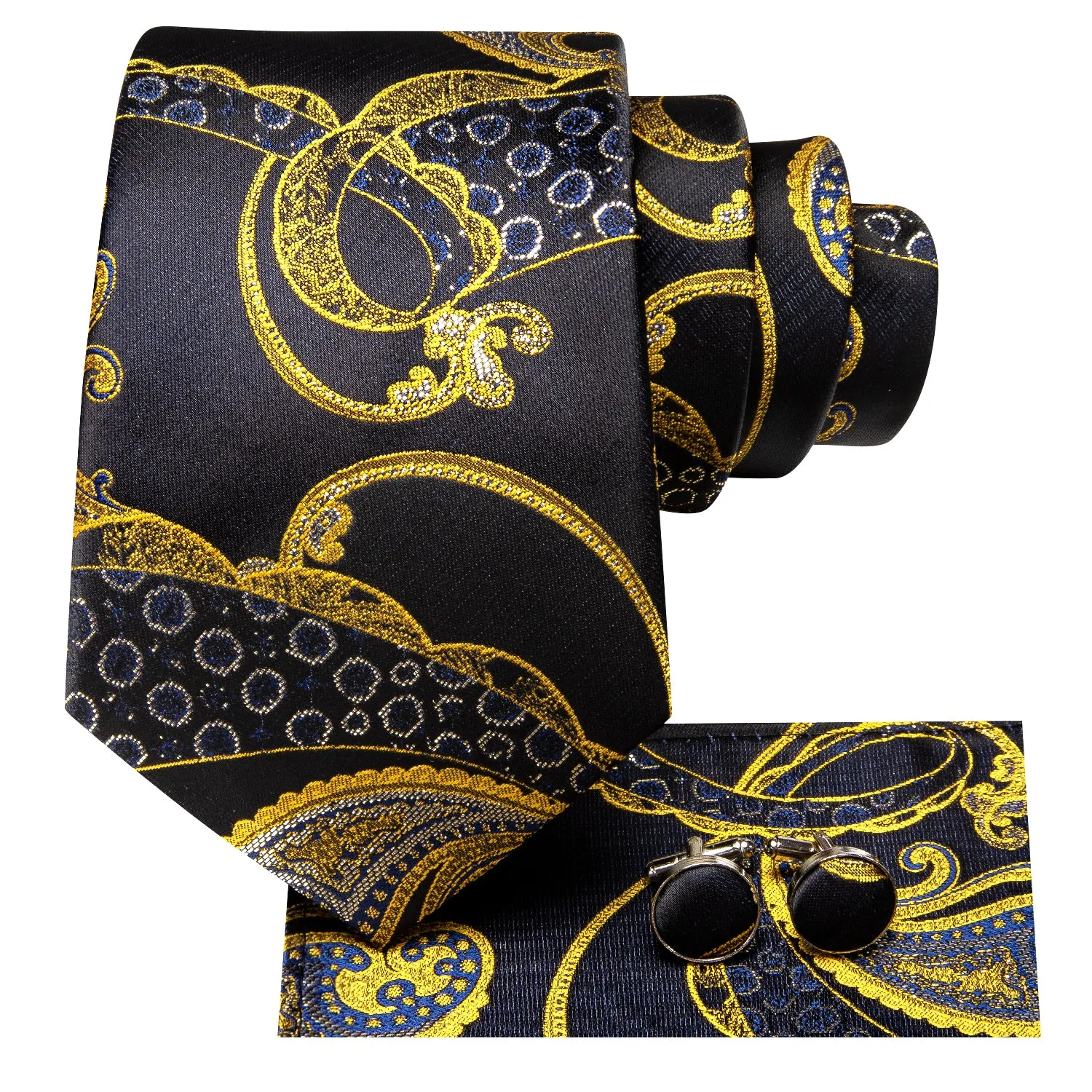 Hi-Tie Black Golden Blue Floral Necktie Pocket Square Cufflinks Set