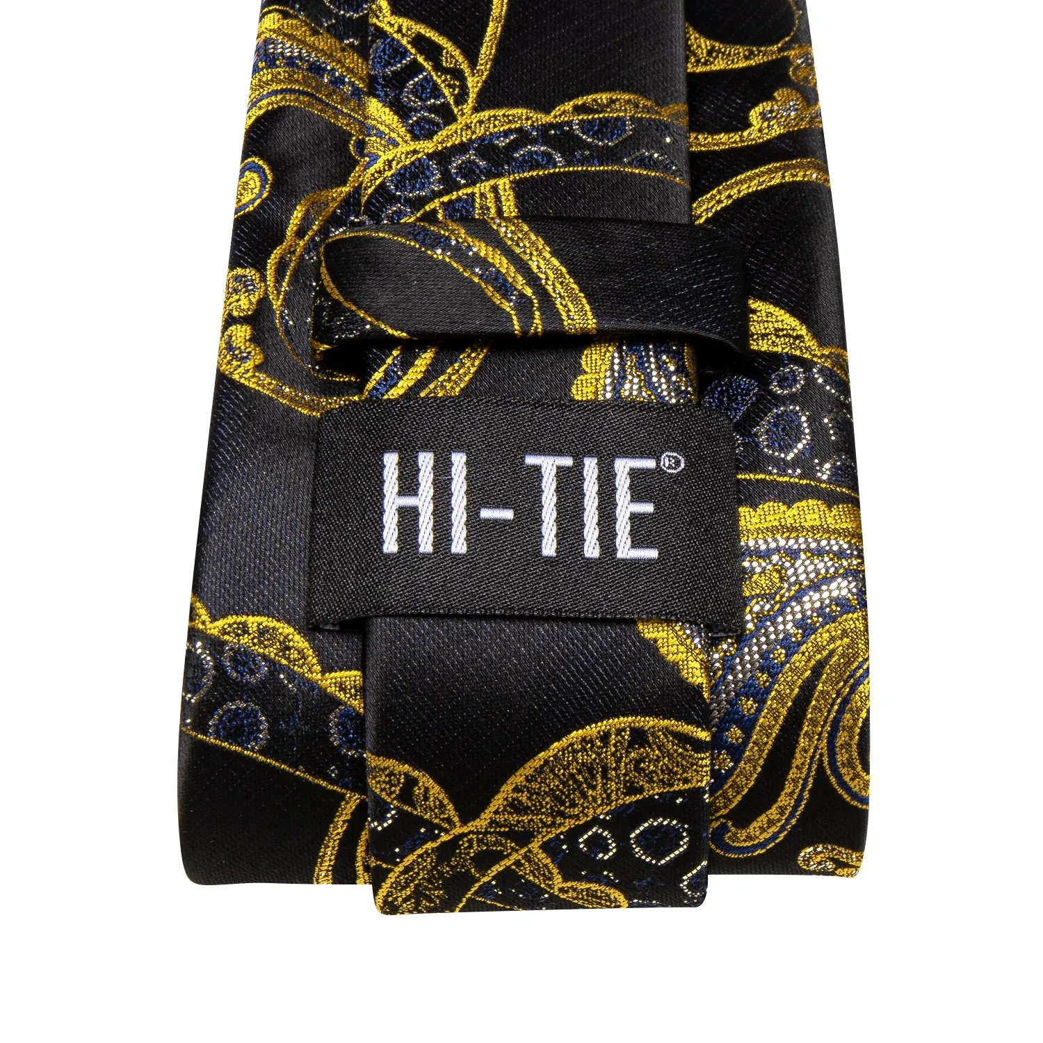 Hi-Tie Black Golden Blue Floral Necktie Pocket Square Cufflinks Set