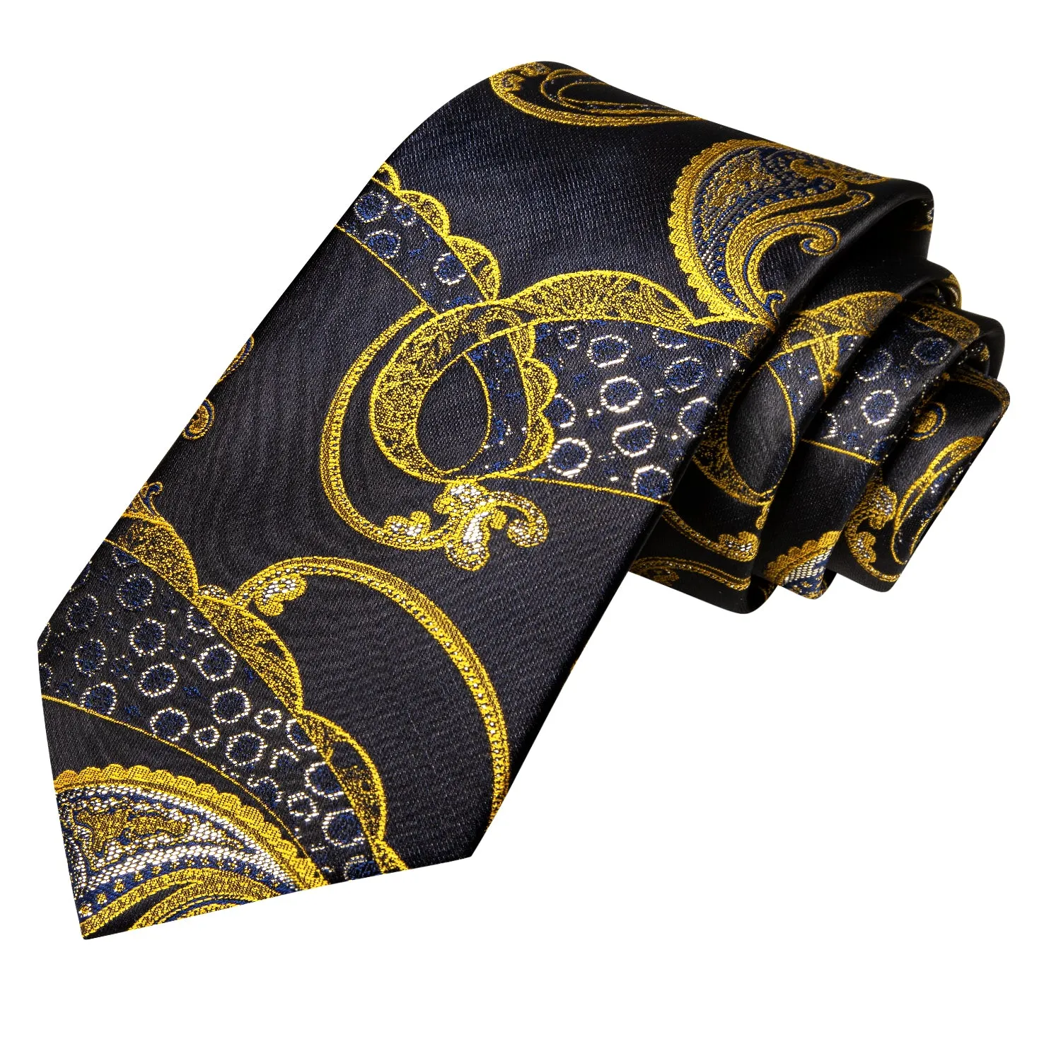 Hi-Tie Black Golden Blue Floral Necktie Pocket Square Cufflinks Set