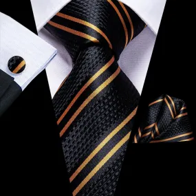 Hi-Tie Black Golden Striped Silk 63 Inches Extra Long Men's Tie Hanky Cufflinks Set