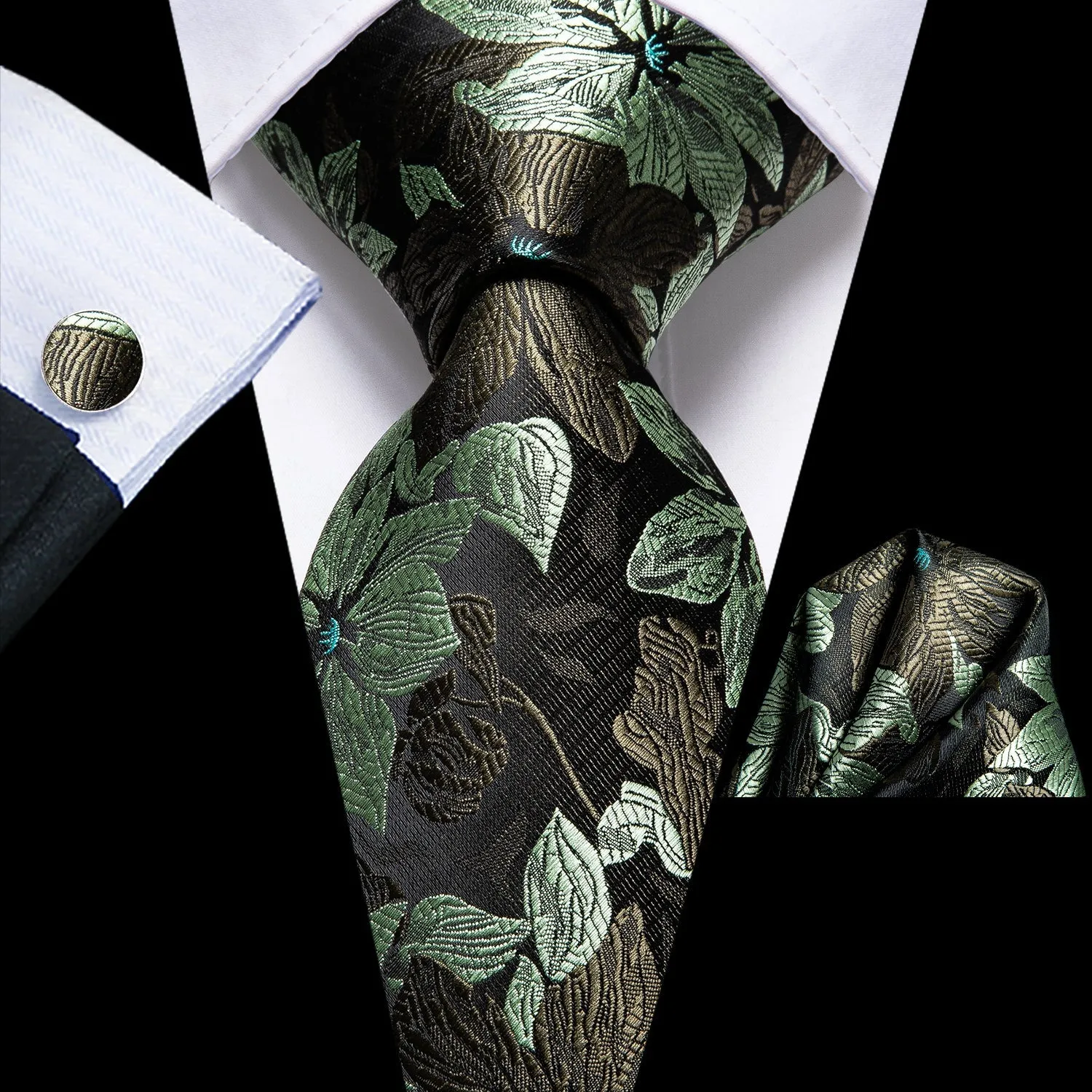 Hi-Tie Black Green Floral Tie Hanky Cufflinks Set with Wedding Brooch