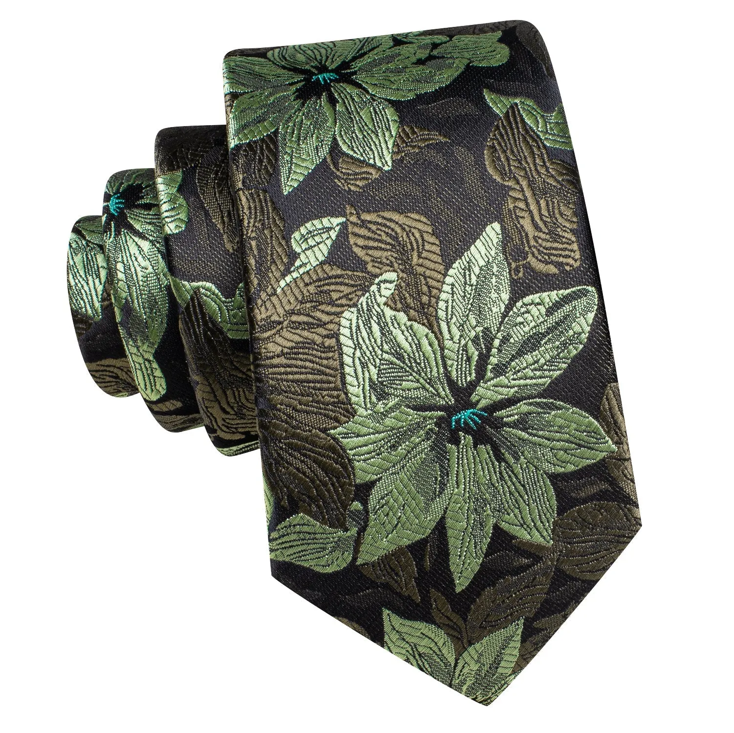 Hi-Tie Black Green Floral Tie Hanky Cufflinks Set with Wedding Brooch