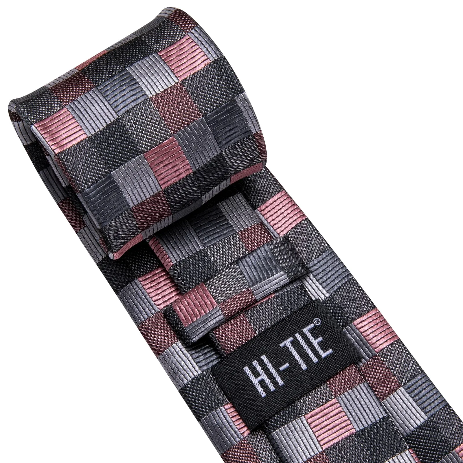 Hi-Tie Black Grey Coral Red Plaid Jacquard Geometric Men's Necktie Set