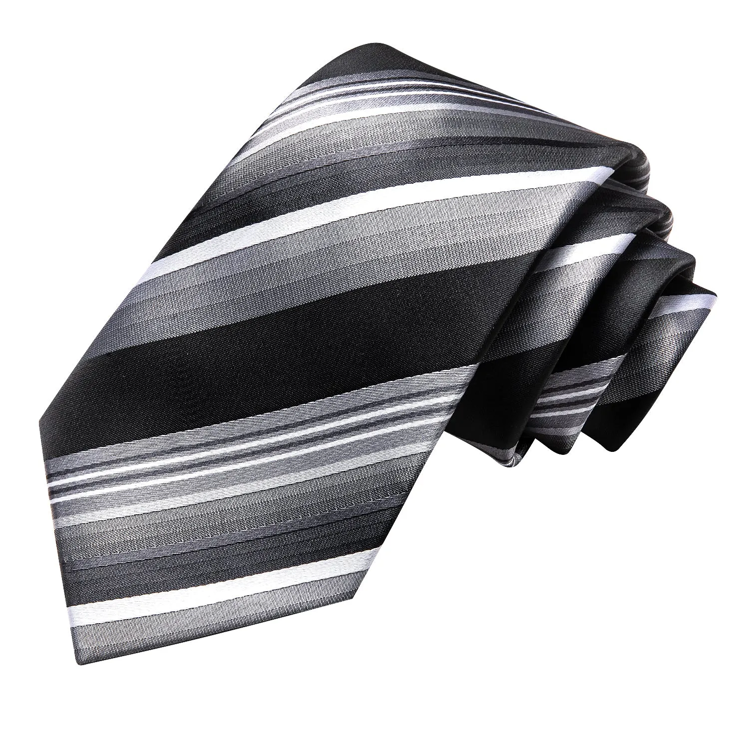 Hi-Tie Black Grey Striped Silk Mens Tie Pocket Square Cufflinks Set