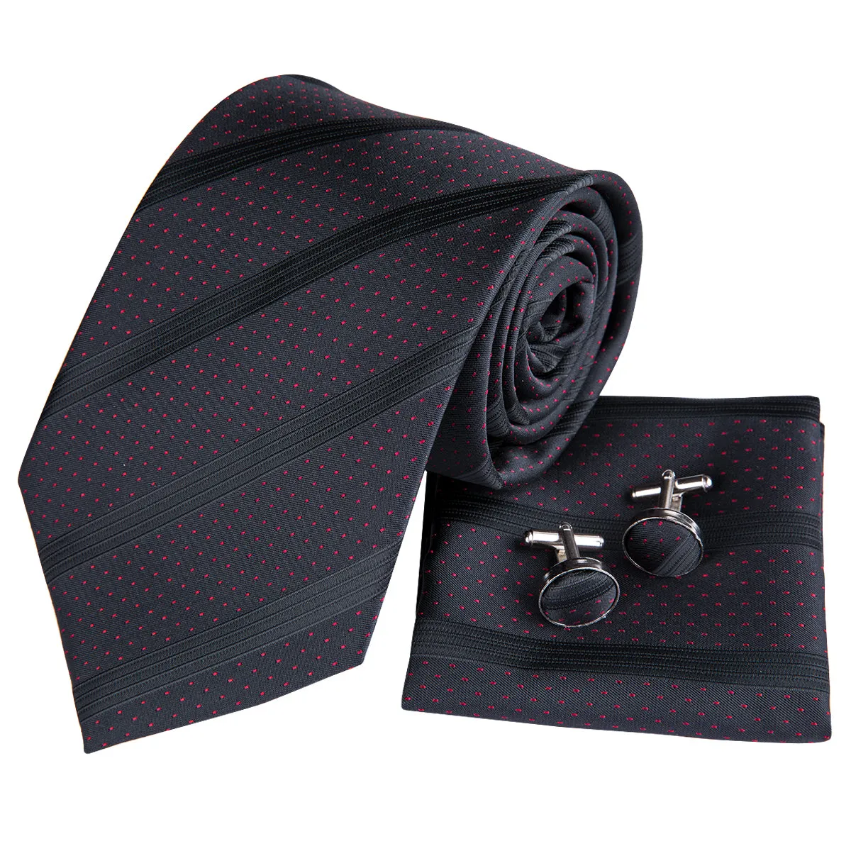 Hi-Tie Black Men's Tie Red Polka Dots Silk Necktie Hanky Cufflinks Set