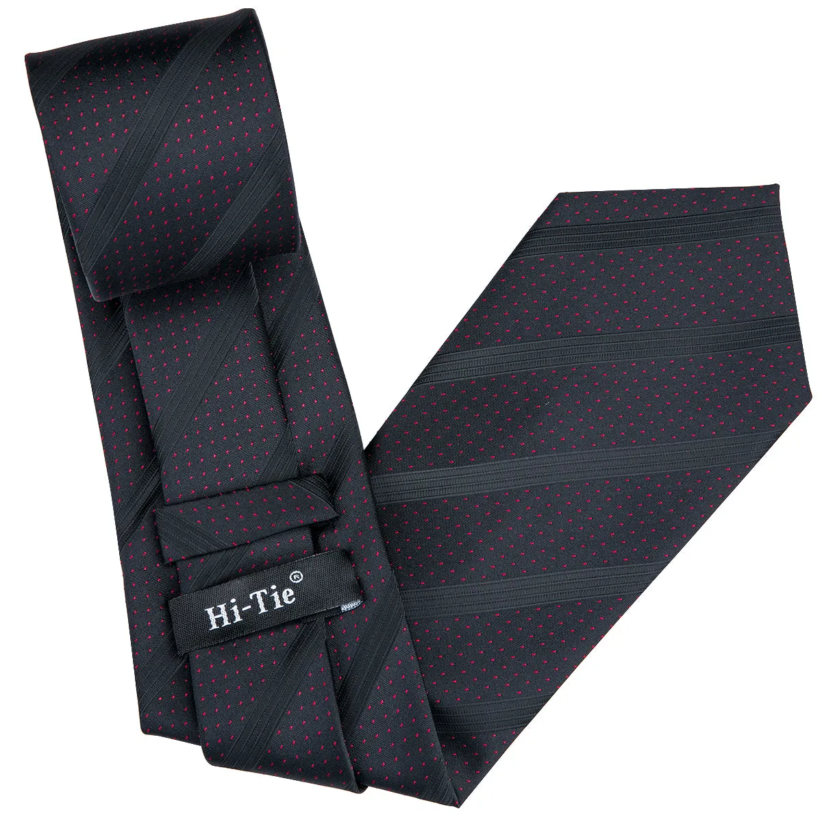 Hi-Tie Black Men's Tie Red Polka Dots Silk Necktie Hanky Cufflinks Set