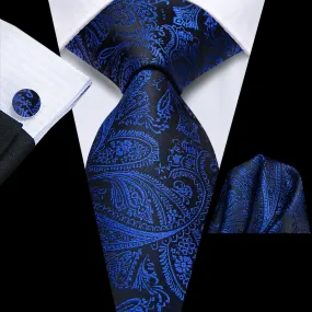 Hi-Tie Black Navy Blue Paisley Silk Men's Necktie Pocket Square Cufflinks Set