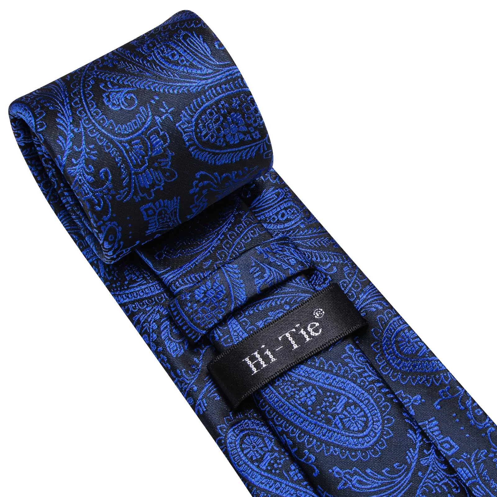 Hi-Tie Black Navy Blue Paisley Silk Men's Necktie Pocket Square Cufflinks Set