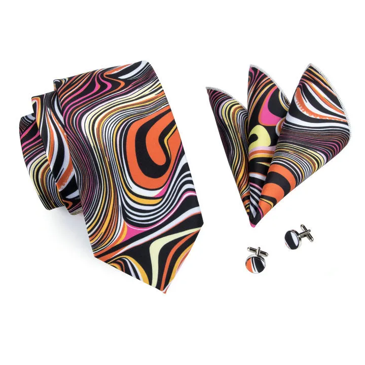 Hi-Tie Black Orange Novelty Silk Men's Neck Tie Hanky Cufflinks Set