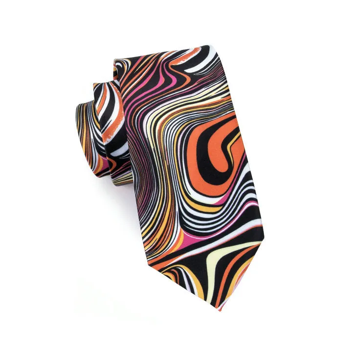 Hi-Tie Black Orange Novelty Silk Men's Neck Tie Hanky Cufflinks Set