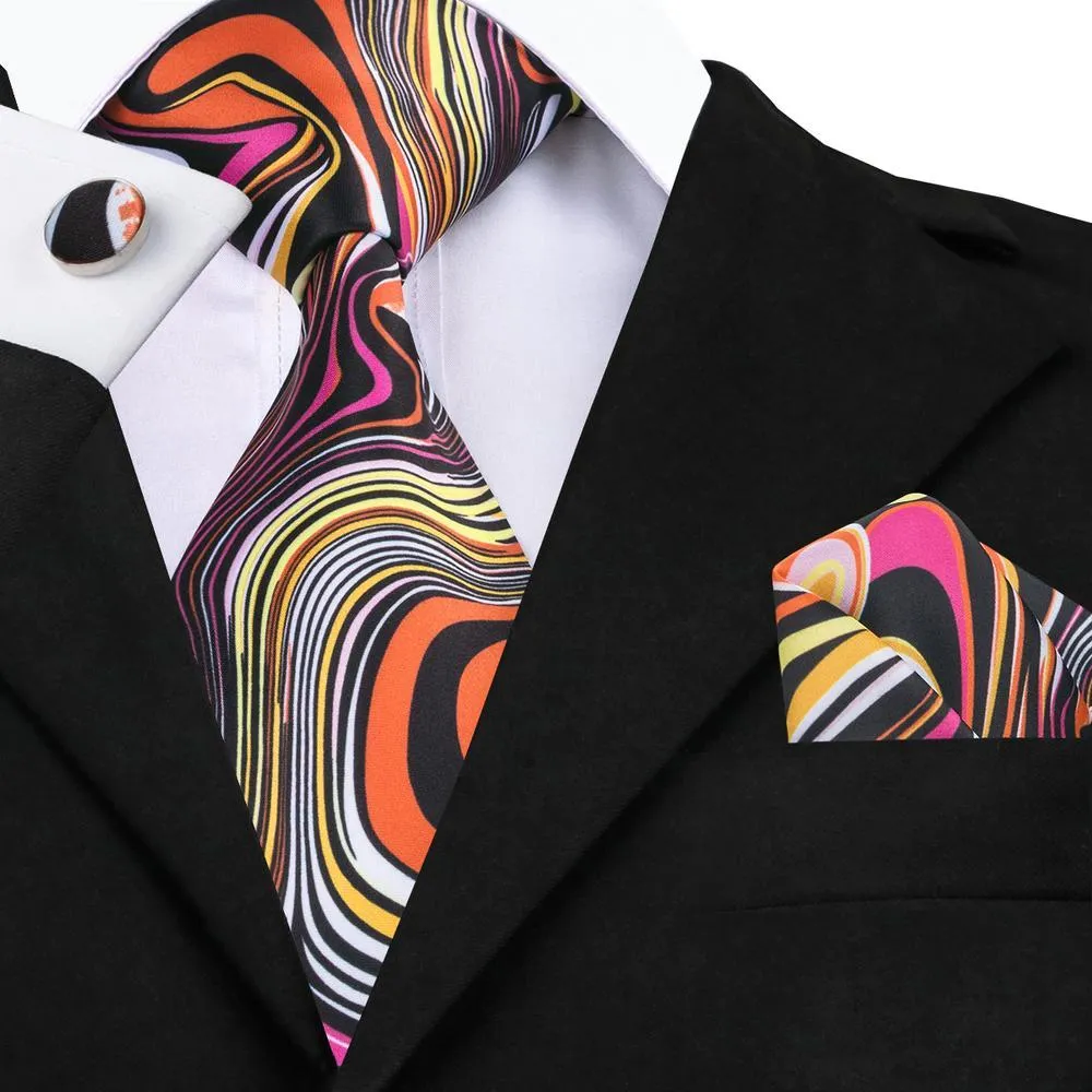 Hi-Tie Black Orange Novelty Silk Men's Neck Tie Hanky Cufflinks Set