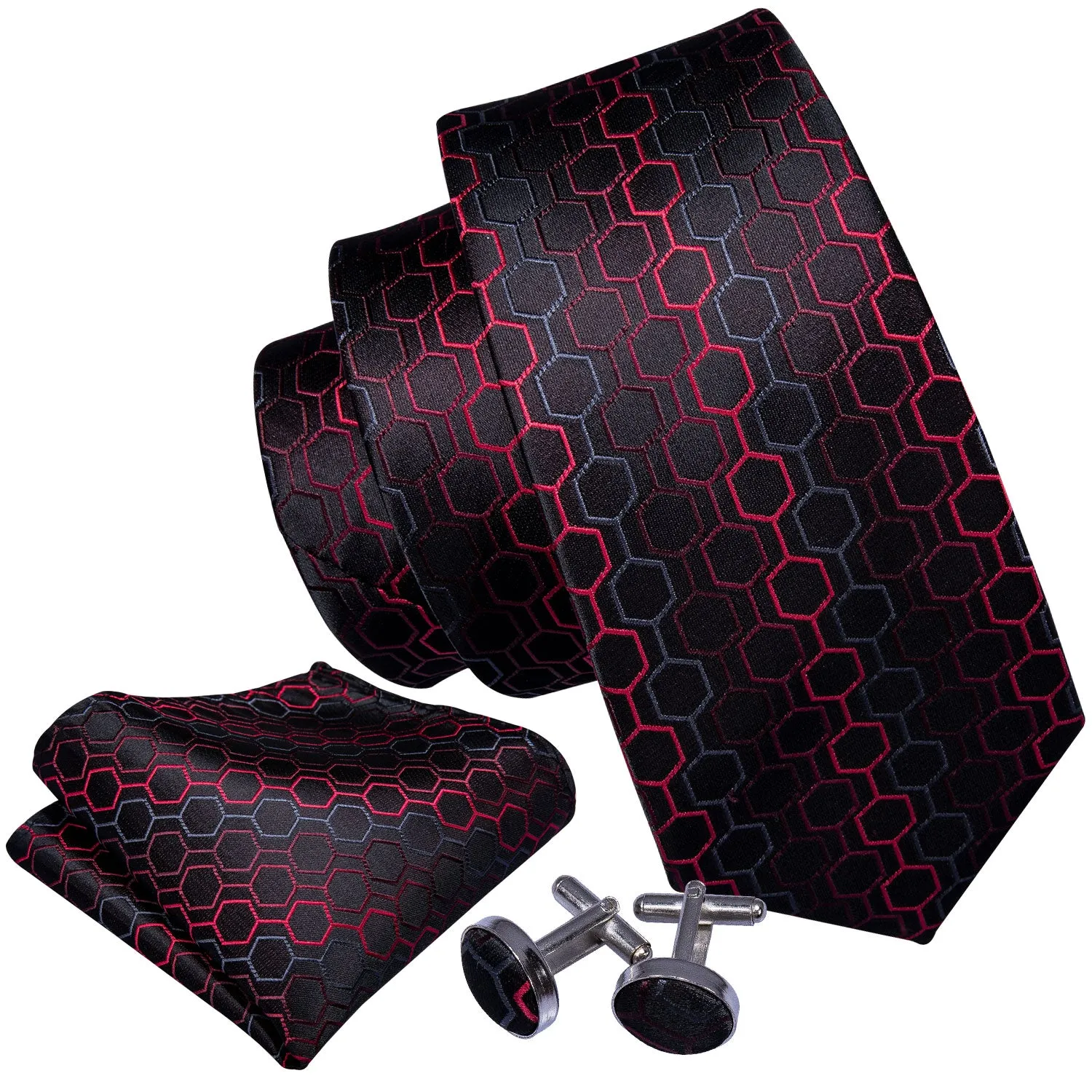 Hi-Tie Black Red Geometric Plaid Silk Tie Pocket Square Cufflinks Set