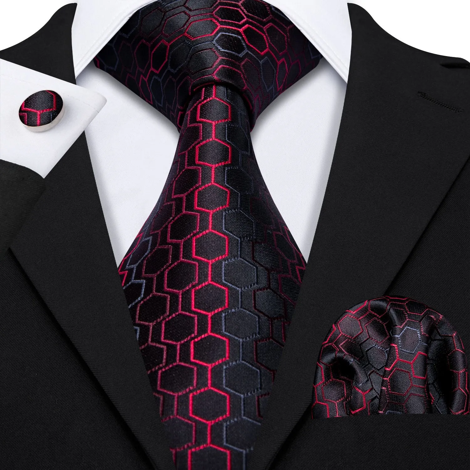 Hi-Tie Black Red Geometric Plaid Silk Tie Pocket Square Cufflinks Set