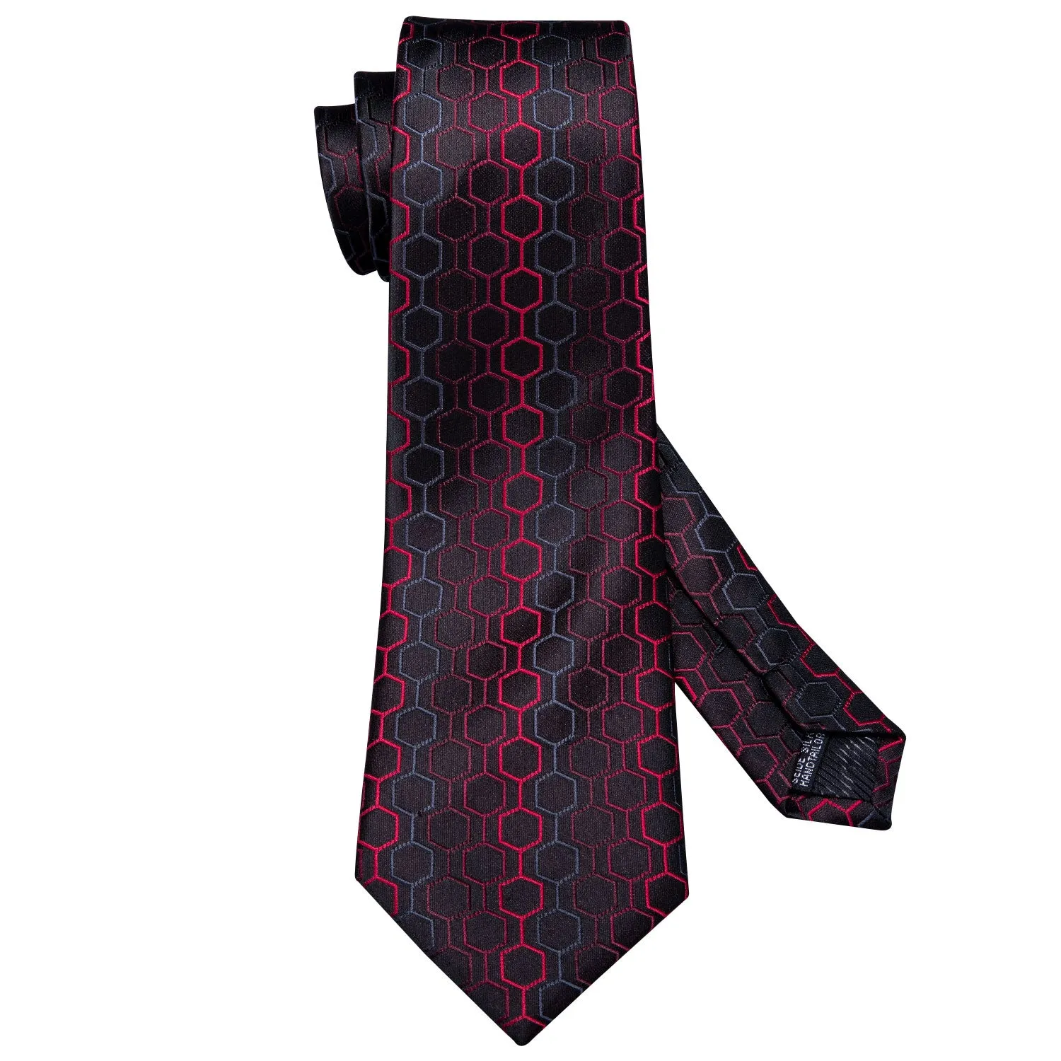 Hi-Tie Black Red Geometric Plaid Silk Tie Pocket Square Cufflinks Set