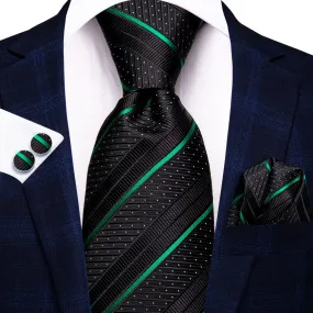 Hi-Tie Black Tie Green Stripes White Dots Formal Neck Tie Set for Men