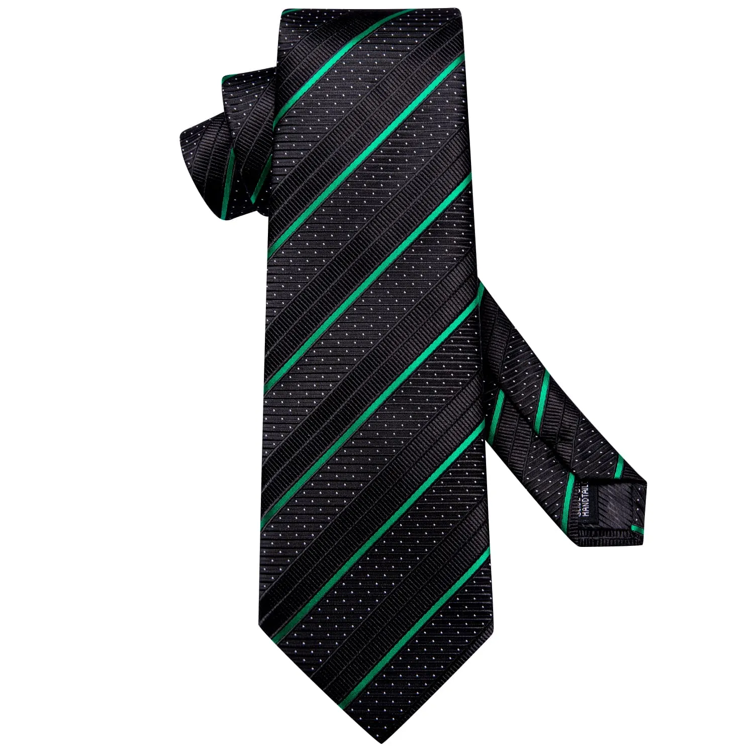 Hi-Tie Black Tie Green Stripes White Dots Formal Neck Tie Set for Men