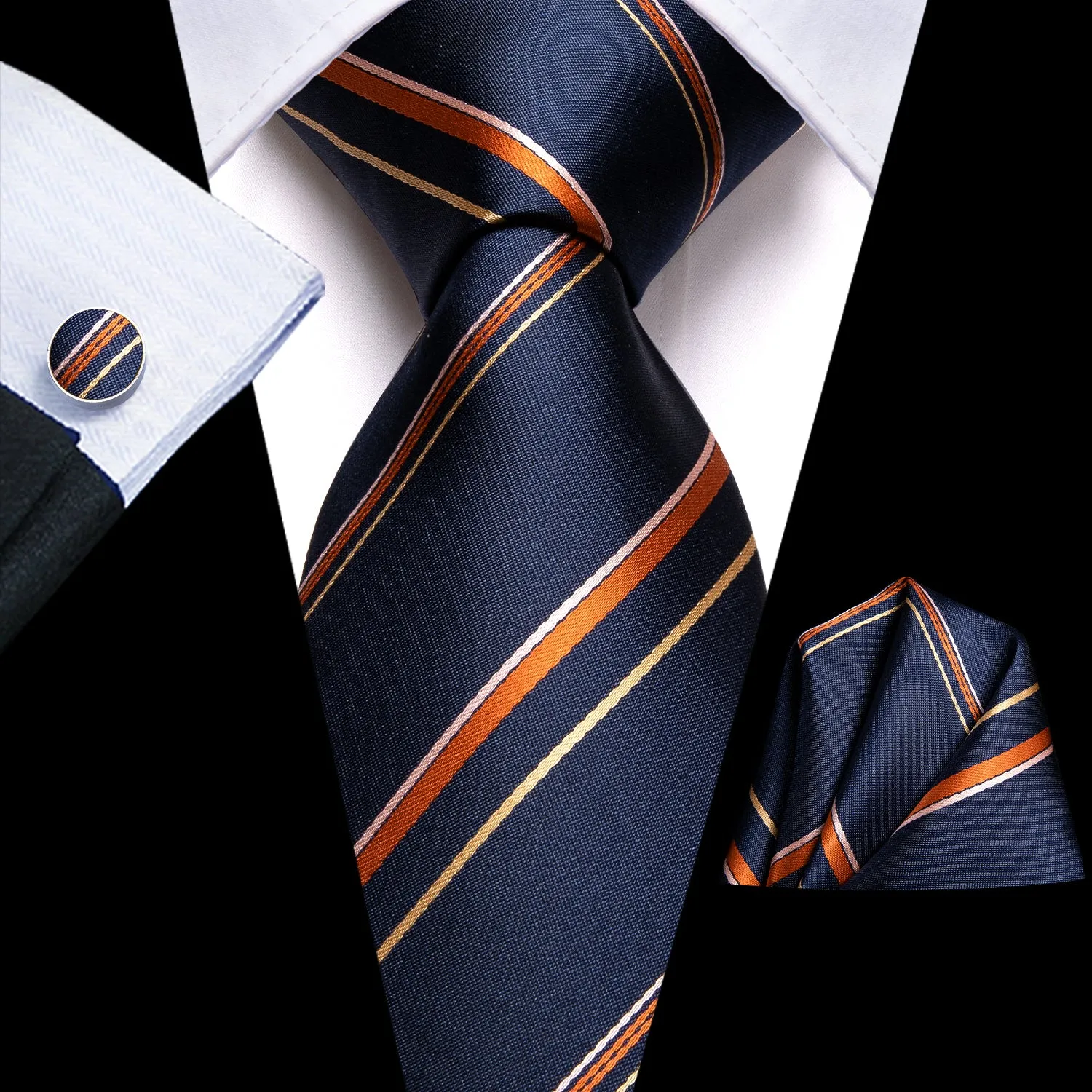 Hi-Tie Blue Colorful Strip Men's Necktie Pocket Square Cufflinks Set