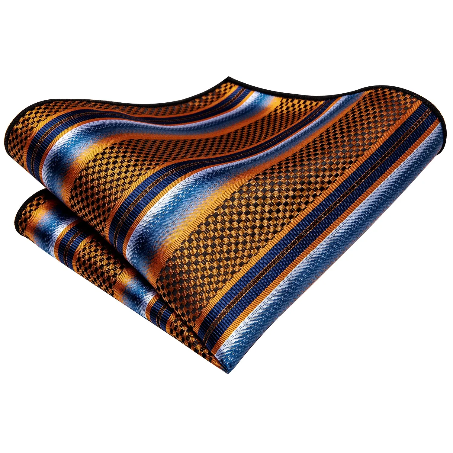 Hi-Tie Blue Golden Orange Striped Necktie Pocket Square Cufflinks Set