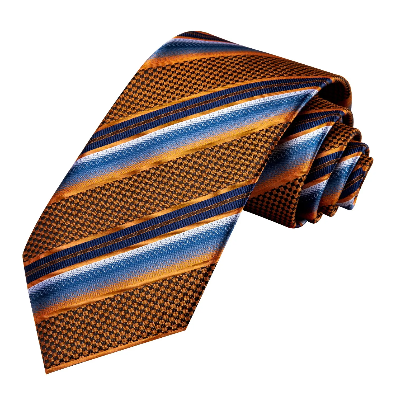 Hi-Tie Blue Golden Orange Striped Necktie Pocket Square Cufflinks Set