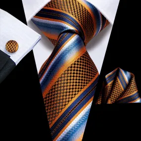 Hi-Tie Blue Golden Orange Striped Necktie Pocket Square Cufflinks Set