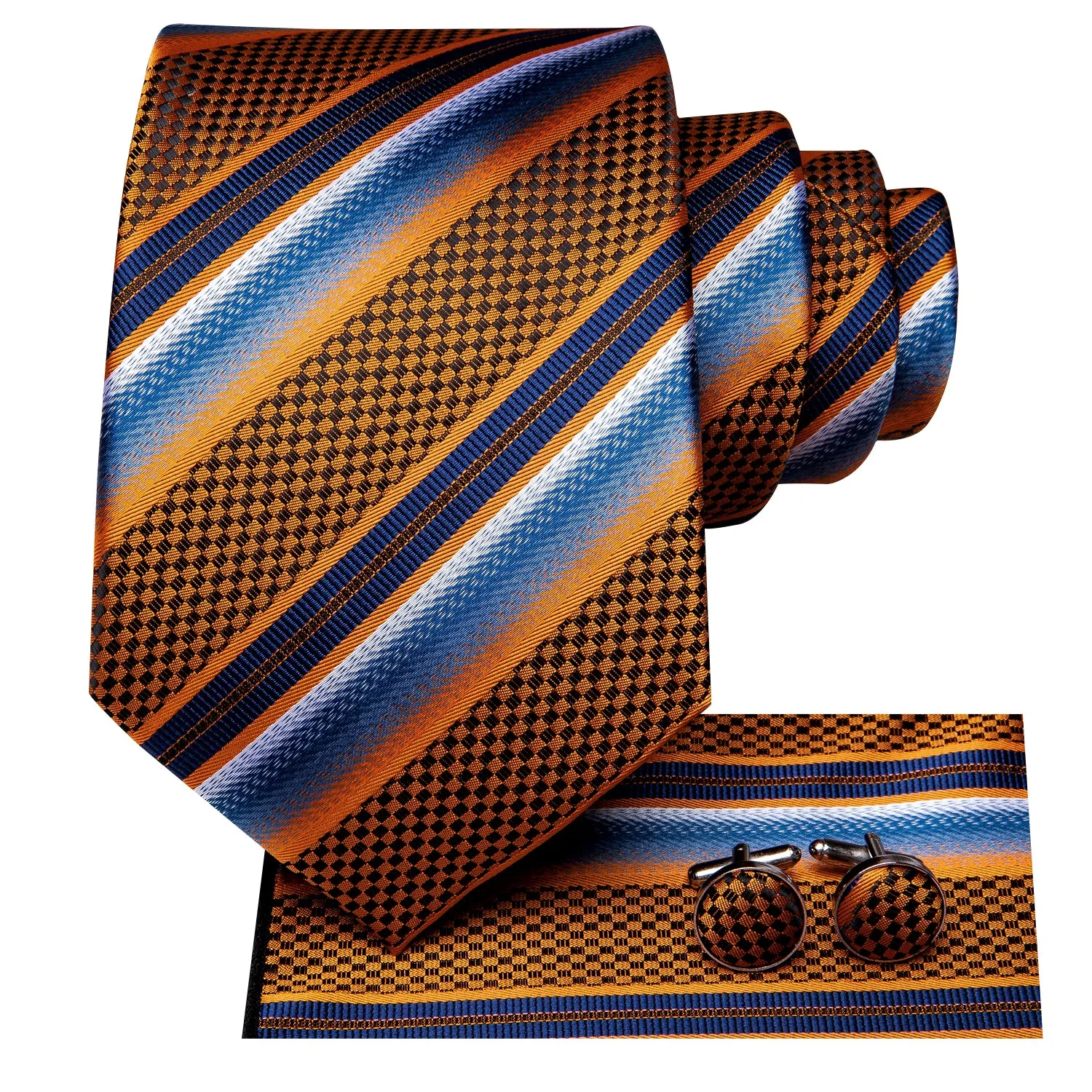 Hi-Tie Blue Golden Orange Striped Necktie Pocket Square Cufflinks Set