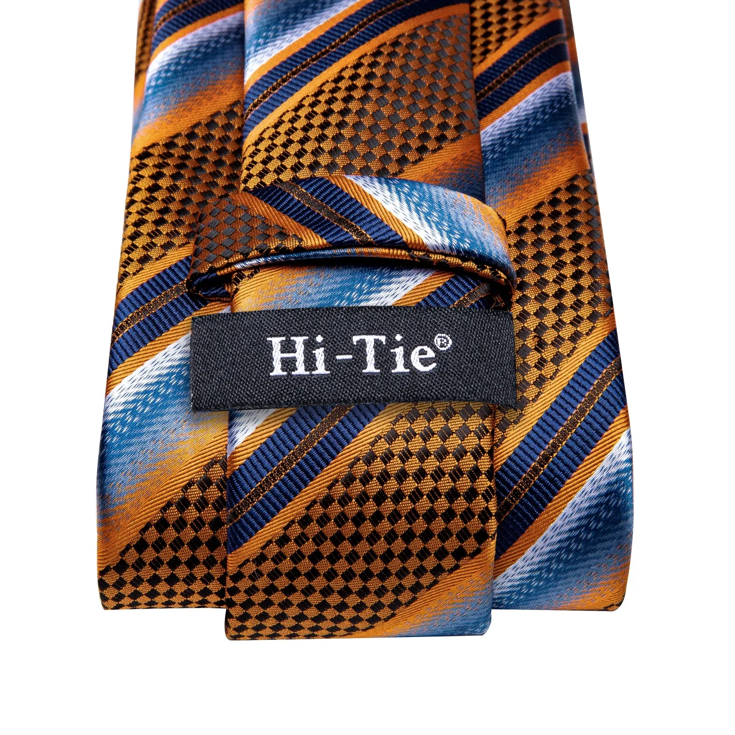 Hi-Tie Blue Golden Orange Striped Necktie Pocket Square Cufflinks Set