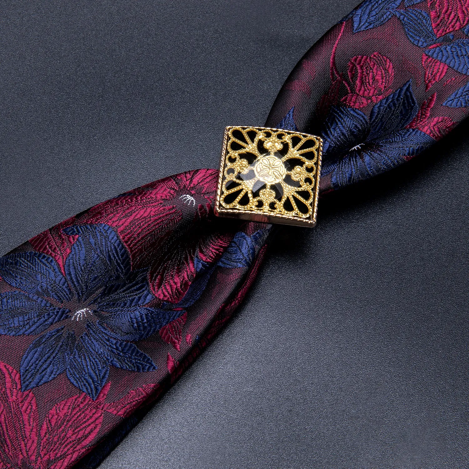 Hi-Tie Blue Red Floral Poirot Tie Ring Pocket Square Cufflinks Set