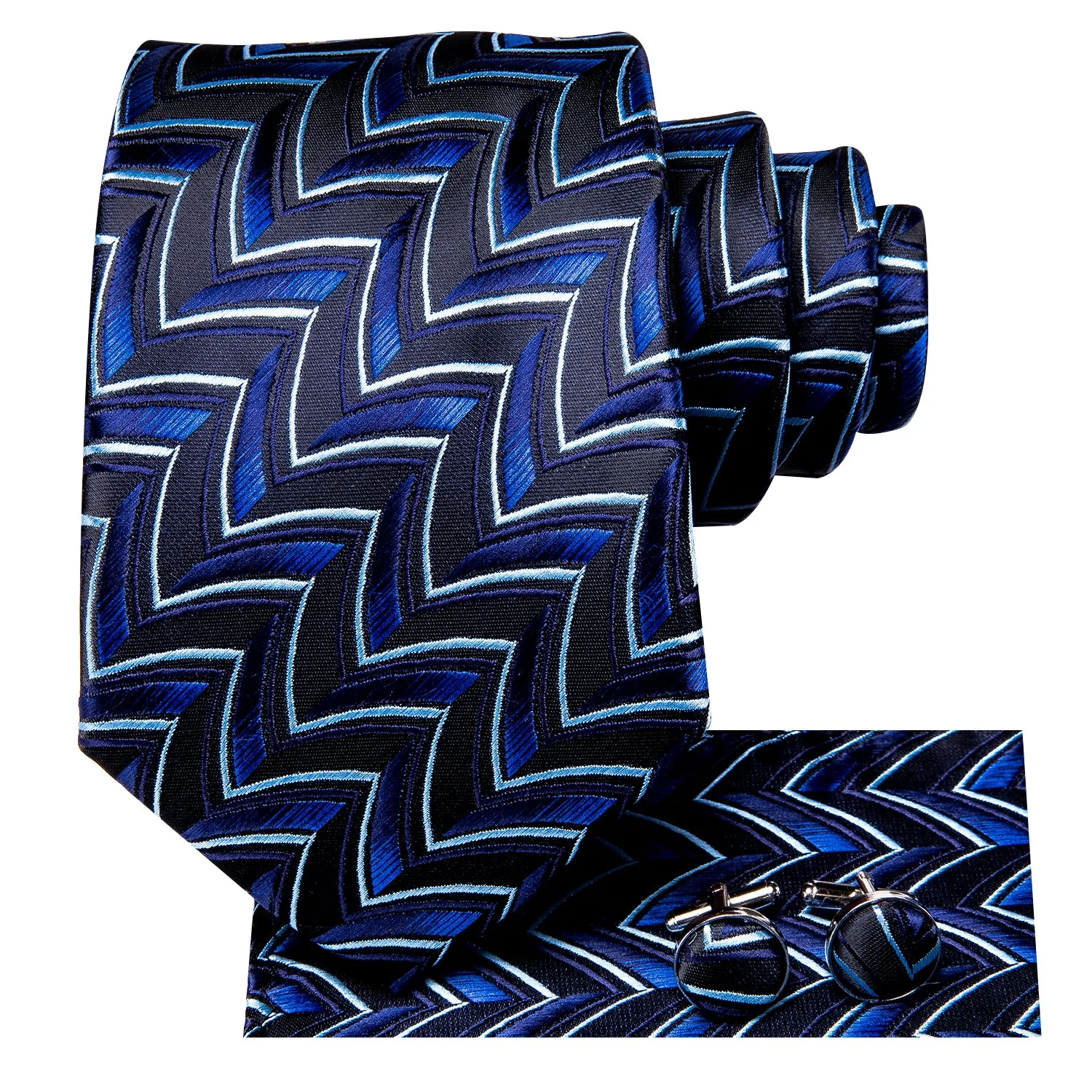 Hi-Tie Blue Striped Novelty Tie Pocket Square Cufflinks Set