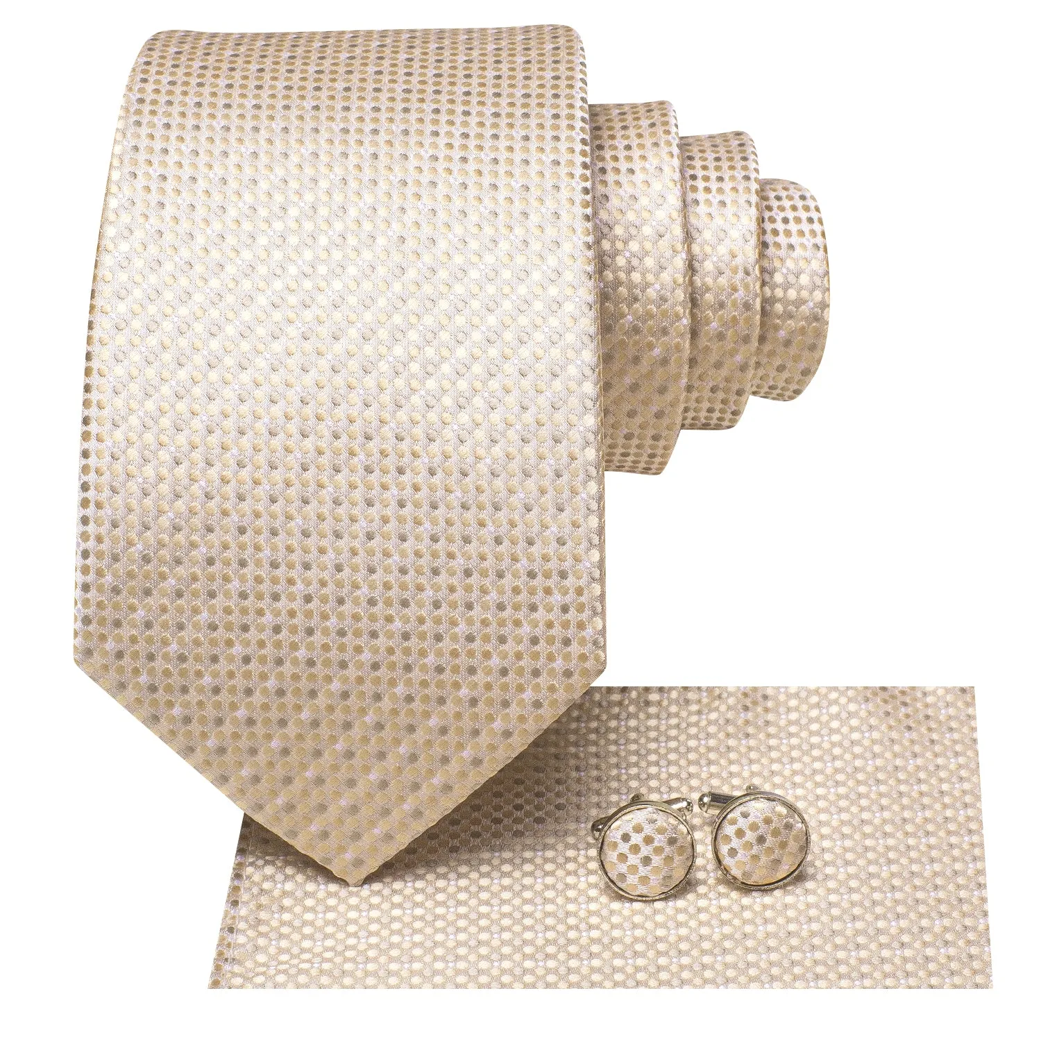 Hi-Tie Champagne Dot Silk Necktie Mens Tie Pocket Square Cufflinks Set