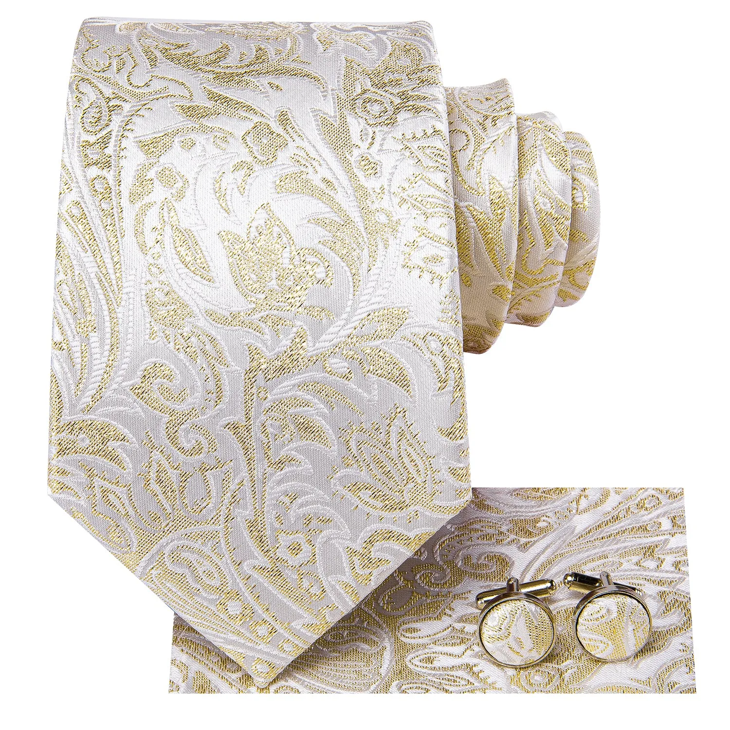 Hi-Tie Champagne White Floral Mens Necktie Pocket Square Cufflinks Set