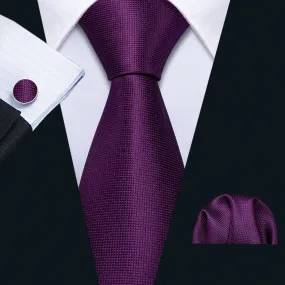 Hi-Tie Dark Purple Mens Necktie Solid Tie Pocket Square Cufflinks Set