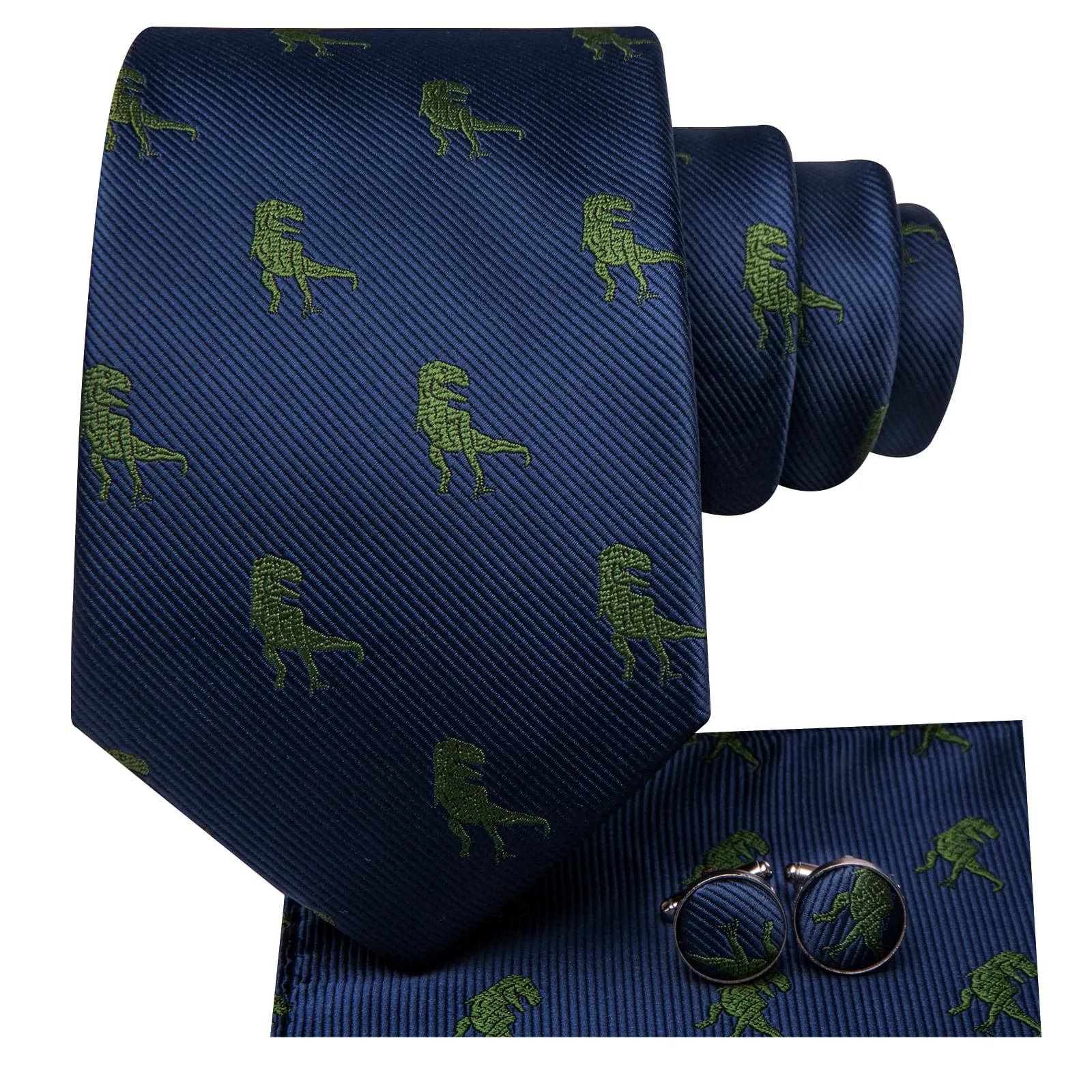 Hi-Tie Deep Blue Green Dinosaur Novelty Silk Mens Tie Pocket Square Cufflinks Set